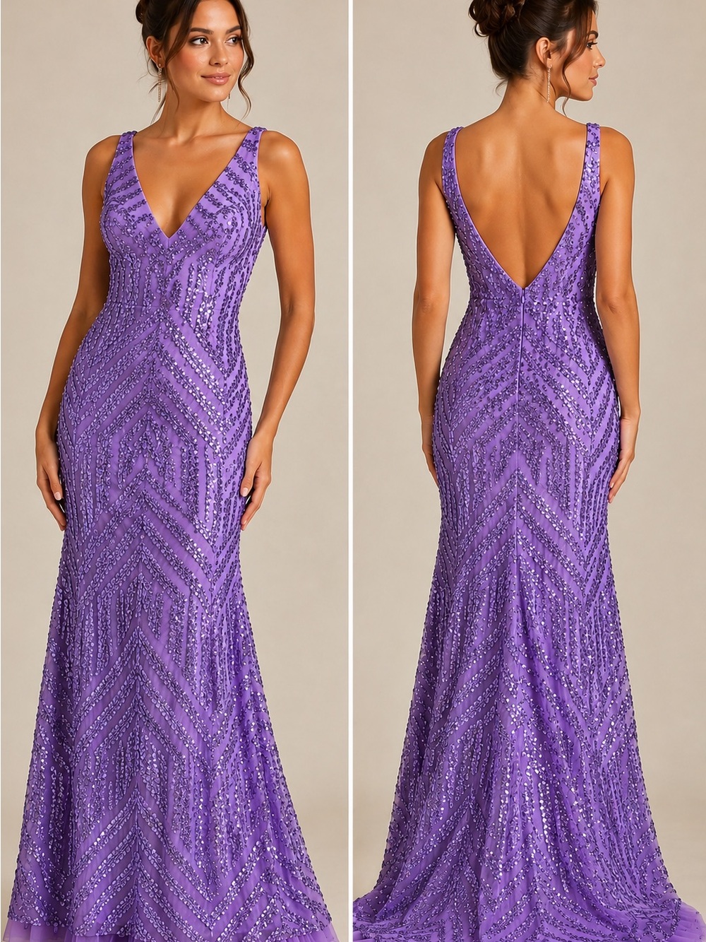 Beaded Lavender V-Neck Evening Gown